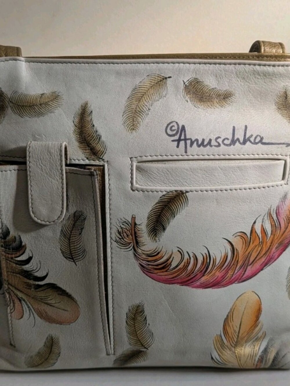 ANUSCHKA Hand Painted Leather Crossbody Bag 41104 Floating Feather Bronze